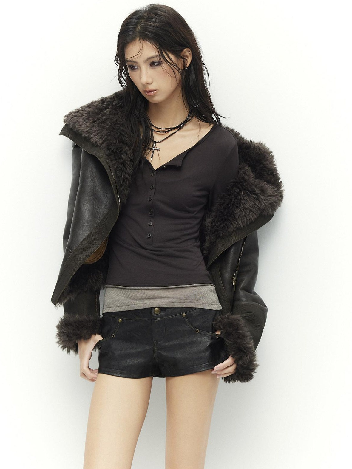 Low pixel Warm Faux Shearling Waisted Gothic Short Zip Women Coffee Cropped Jackets