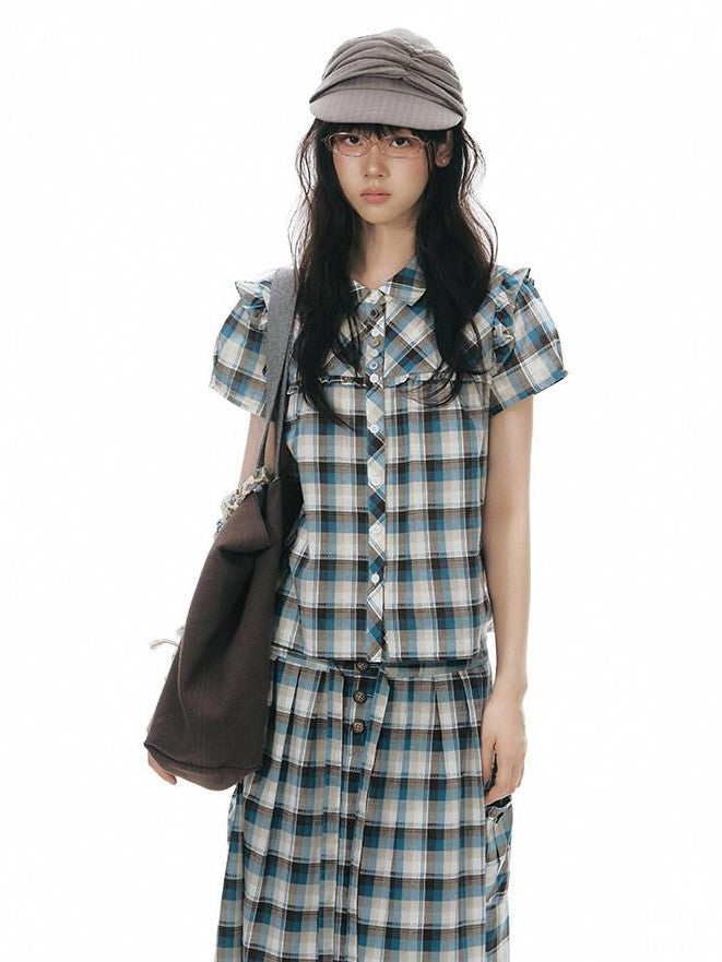 NAPSNAPS Blue Plaid Ruffle Puff Sleeve Button Tie Women&