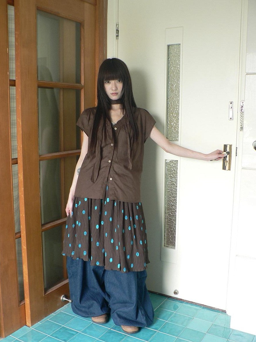ang project Deep Blue Vintage Pleated Elastic Waist Loose Fit Women&