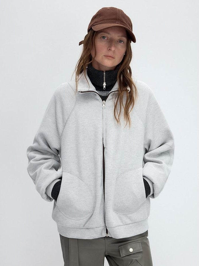 RUN TO THE FUTURE Original Design Loose Zip Collar Light Gray Unisex Poly Cotton Sweatshirts