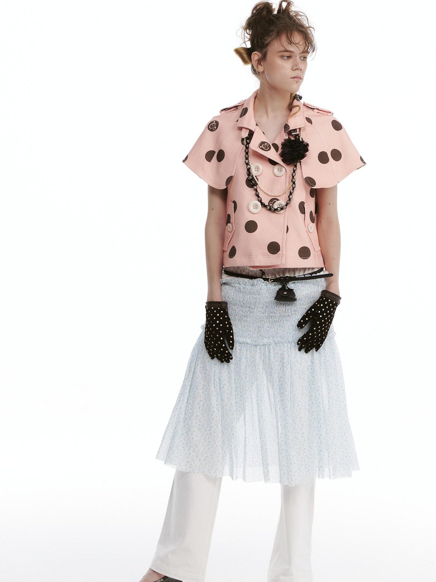 nit alcove Windproof Cotton Stretch Cute Cropped Doublebreasted Unisex Polka Dot Blouses