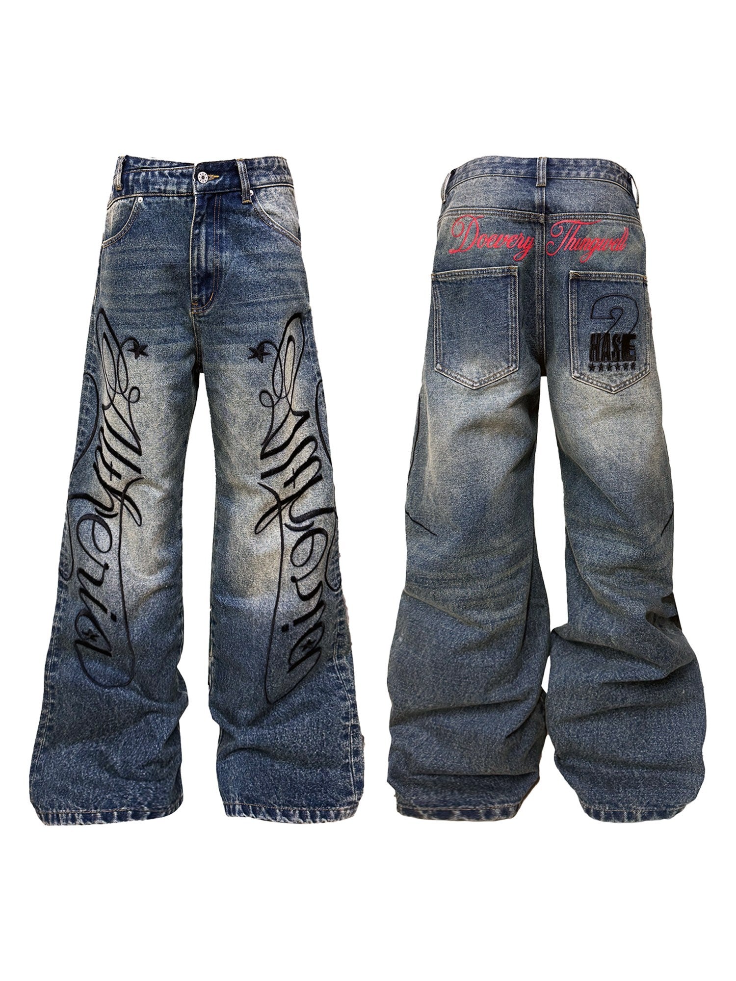 DETW_onLine_Washed_Blue_Embroidered_Letter_Print_Baggy_Women&
