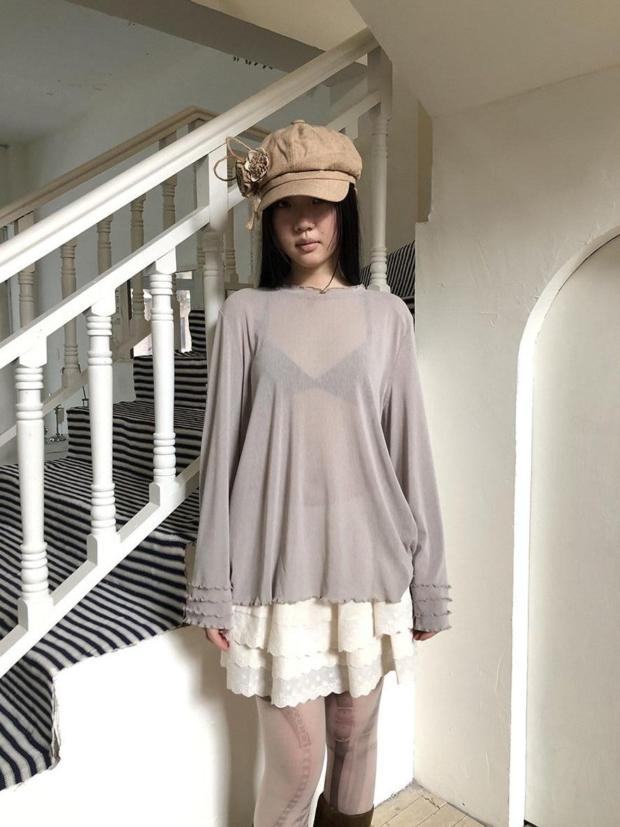 ang project Mocha Sheer Mesh Layered Ruffle Round Neck Women&