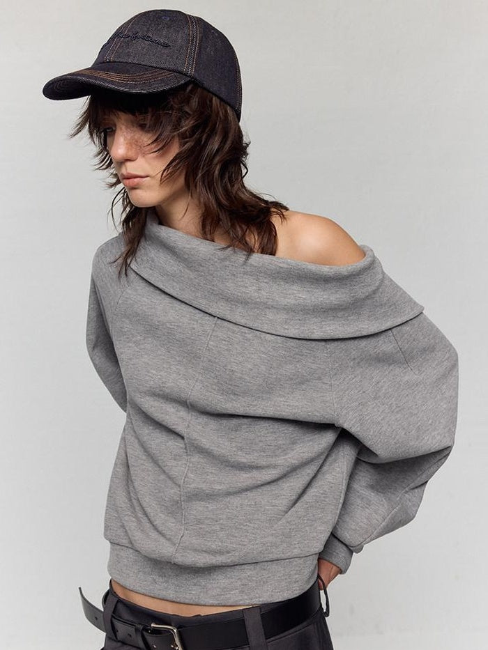 RUN TO THE FUTURE Asymmetric Slanted Neck Loose Fit Retro Office Pullover Heather Gray Sweatshirts