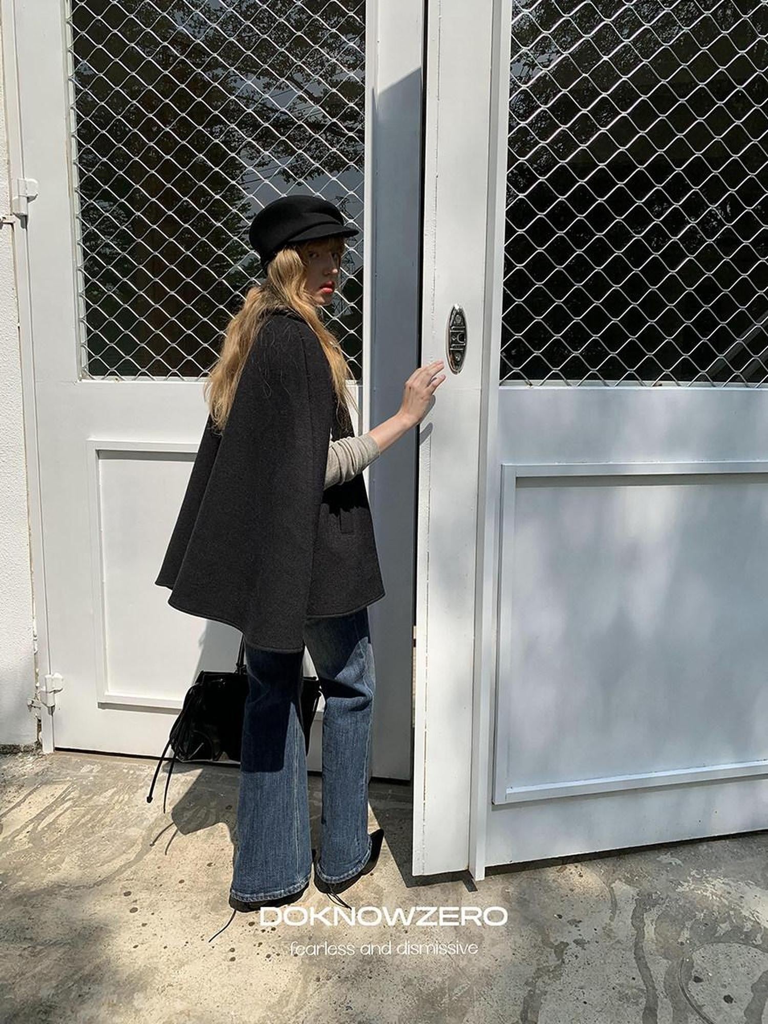 DKZ OFFICIAL Black Bud Collar Cape Double Breasted Women&
