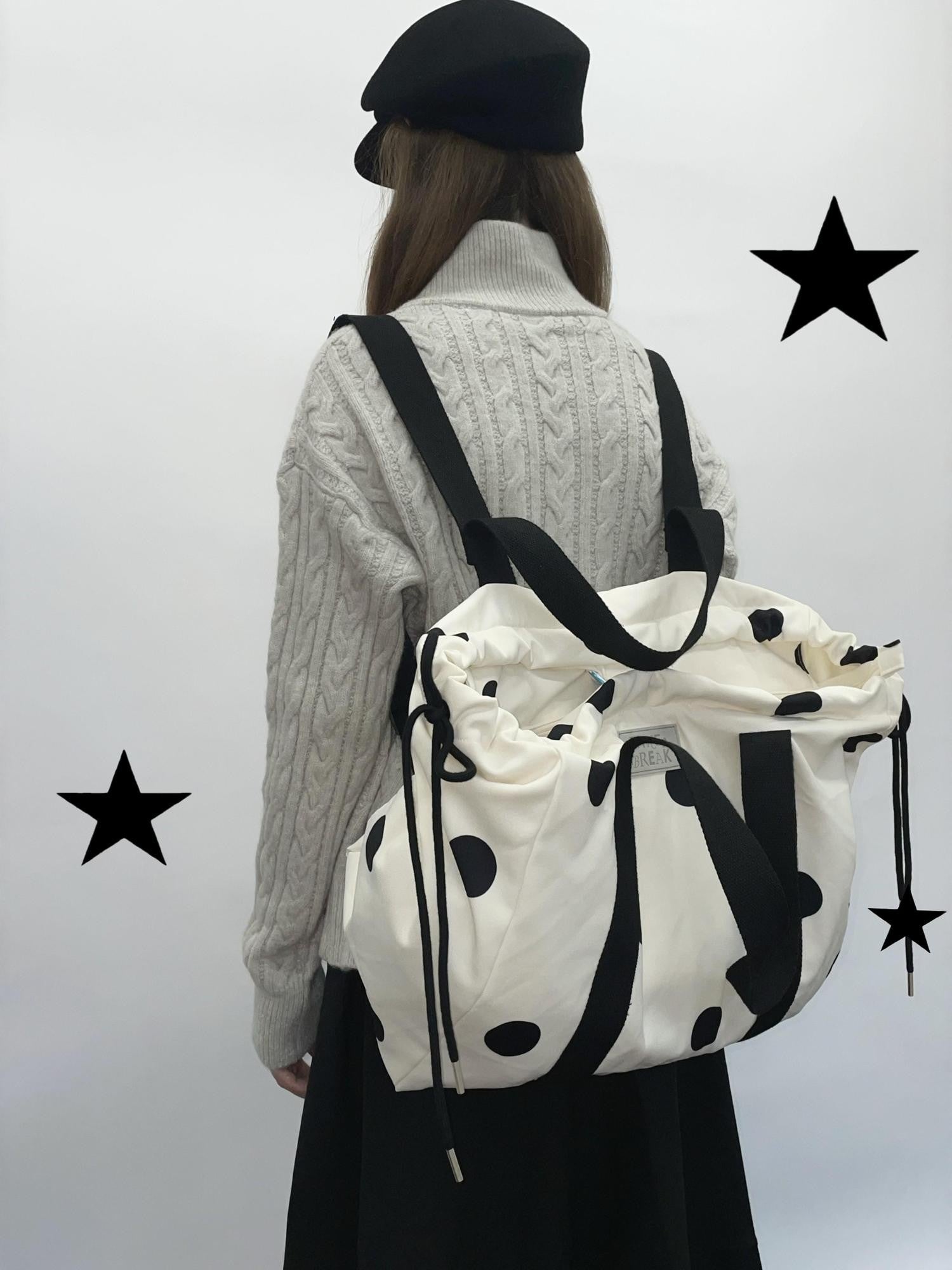 takeabreak Black White Polka Dot 26L Multi Carry Dual Zipper Tote Women&