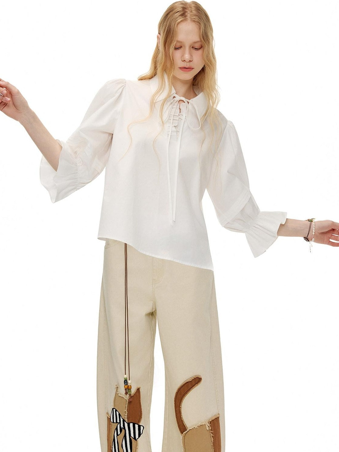OuttheBlue Lightweight Cotton Lyocell High Waist Tie Casual Puff Sleeves Women Blouses