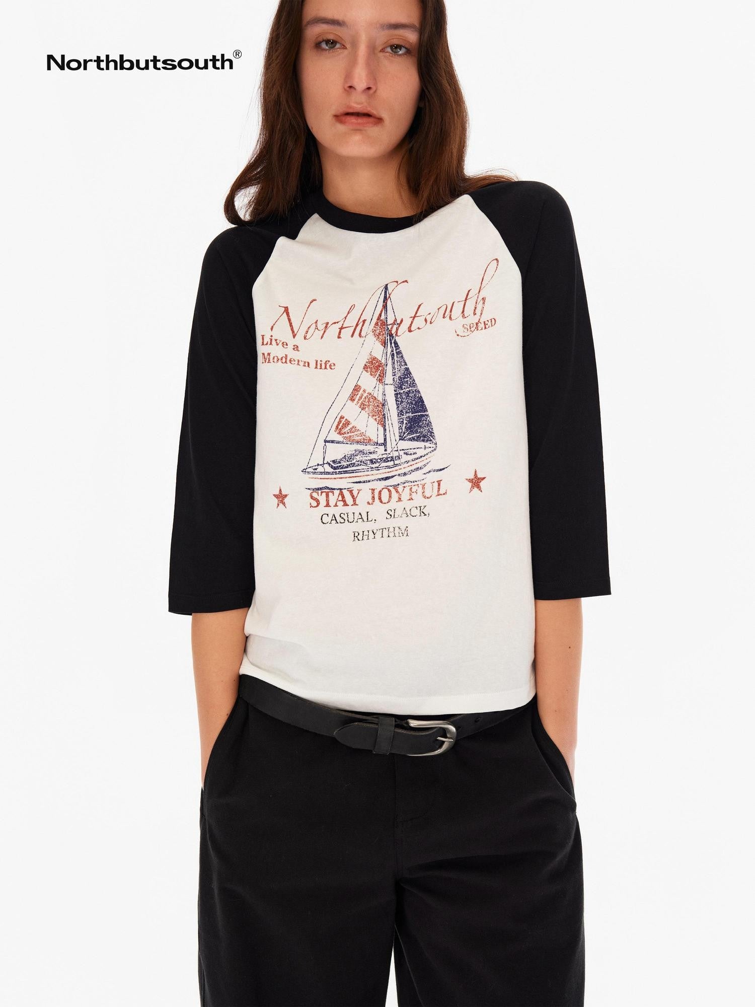 Northbutsouth Sail Distressed Print Logo Contrast Raglan Women&