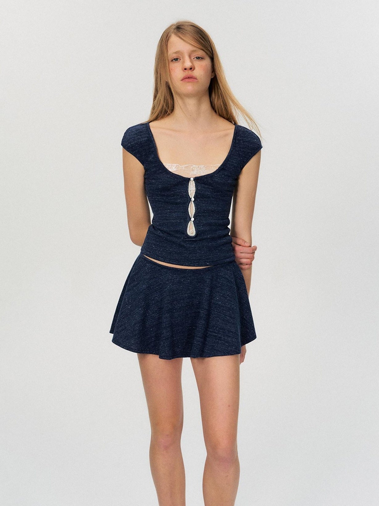 The NeverMore Two Piece Pullover Top And Skirt Women White Navy Short Sleeve T-Shirts