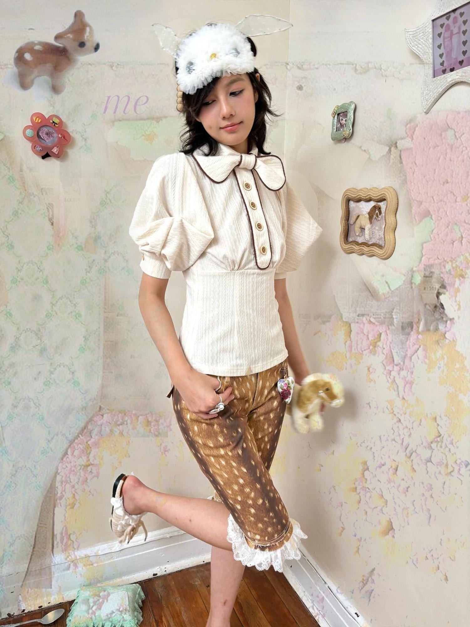 nit alcove Slimming Cute Loose Folded Princess Short Sleeve Unisex Shape Retaining Blouses