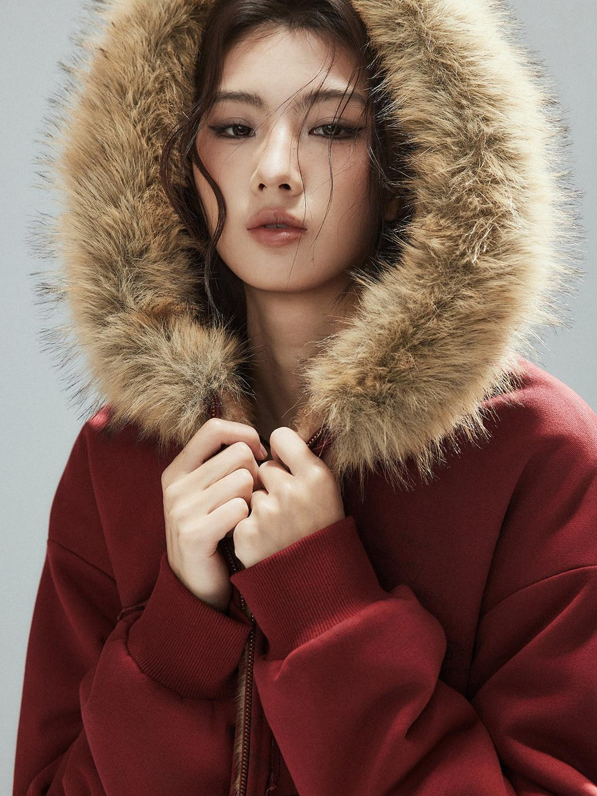 Low pixel Thick Warm 100 Percent Cotton Street Loose Fit Zip Up Women Red Oversized Hoodie