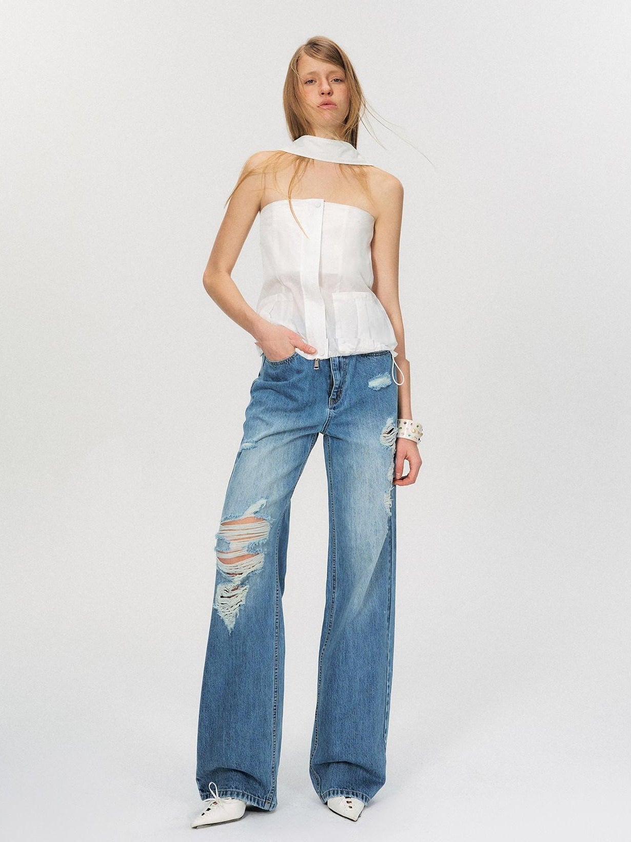 The NeverMore Zipper Front Slim Short Solid White Office Chic Strapless Tube Tops