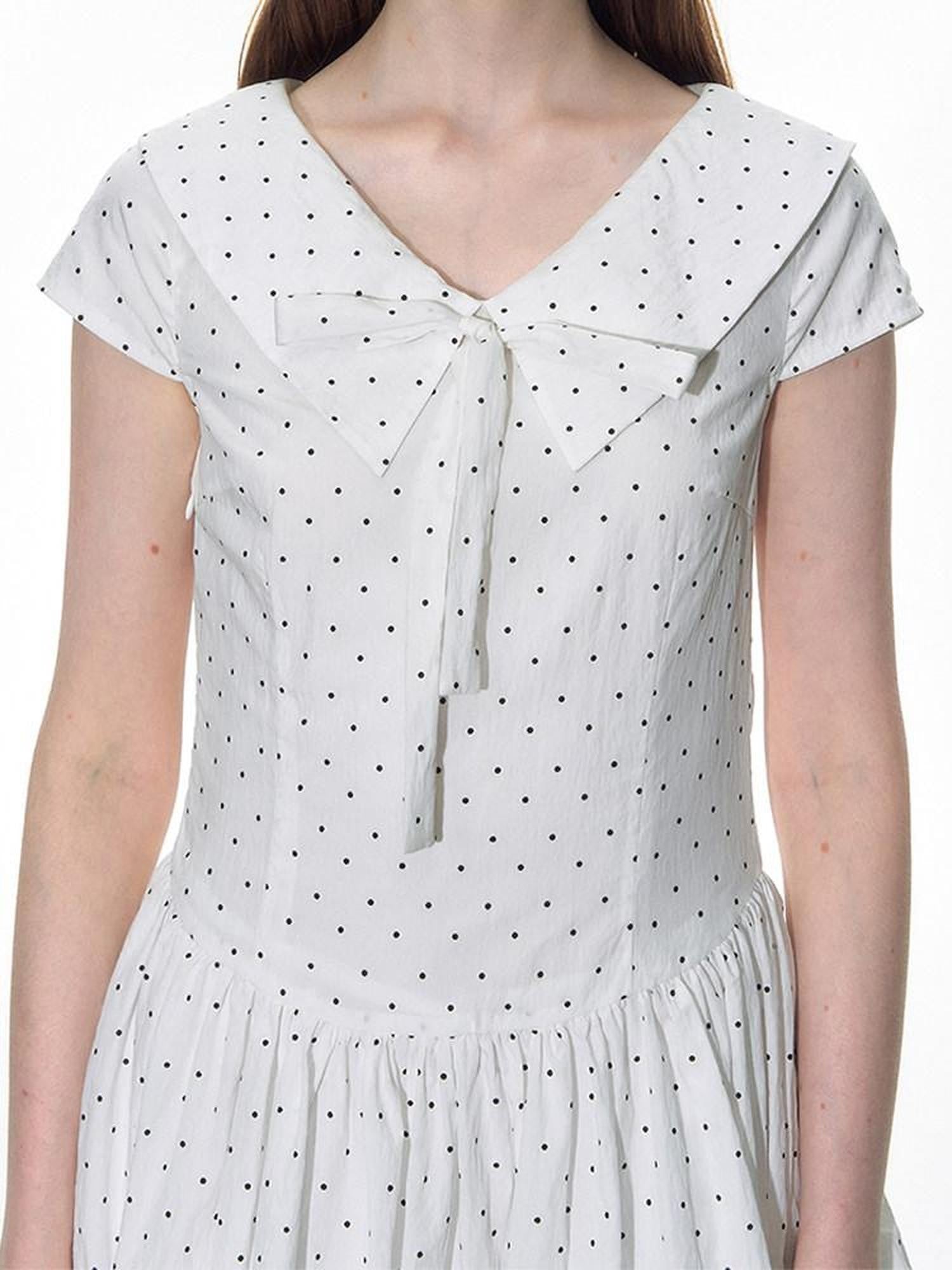 NAPSNAPS Polka Dot Sailor Collar Tie V-neck High Waist Tencel Women&