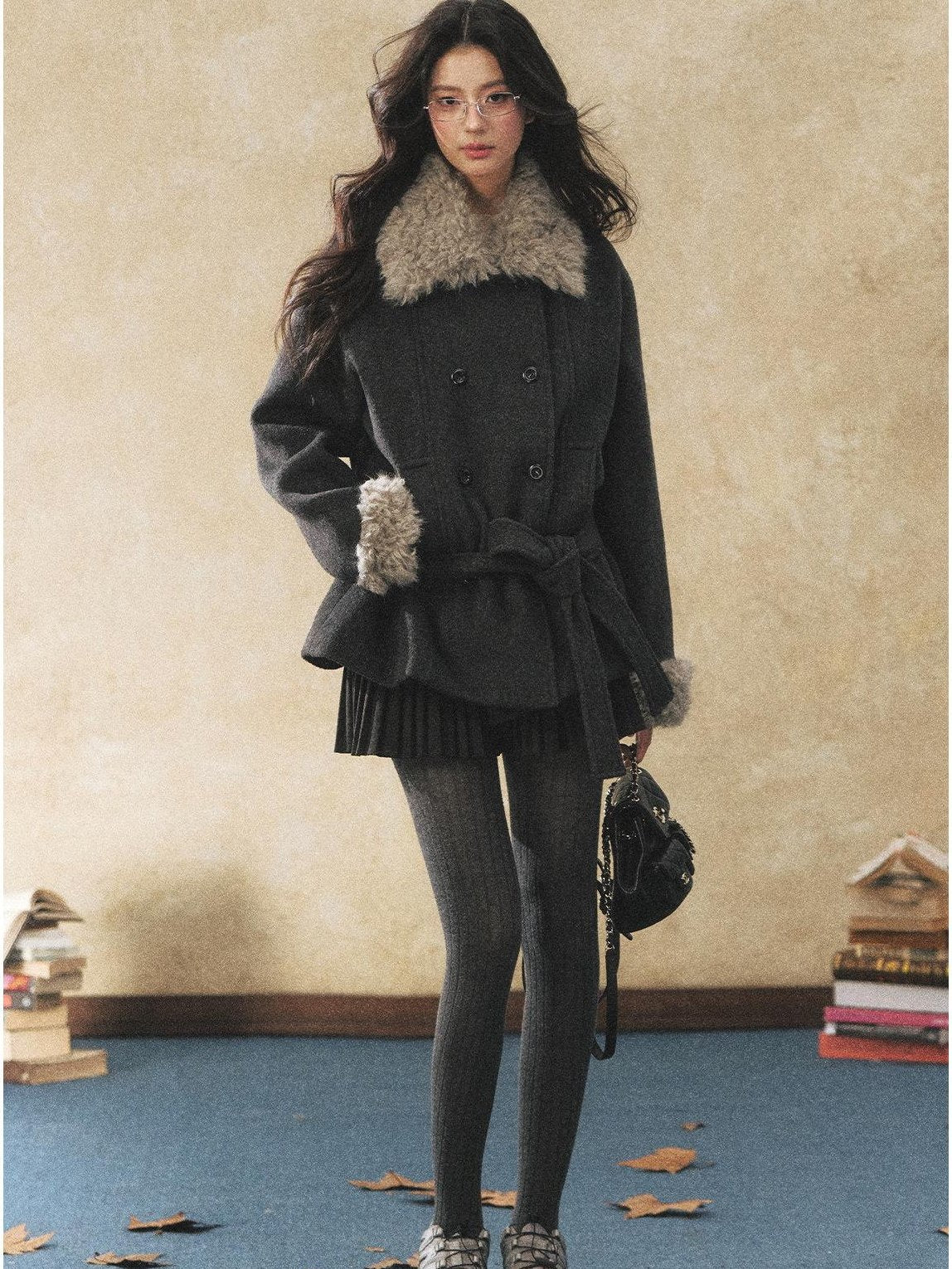 7Shiftin Warm Faux Fur Trim Casual Waist Double Breasted Women Deep Gray Short Coat
