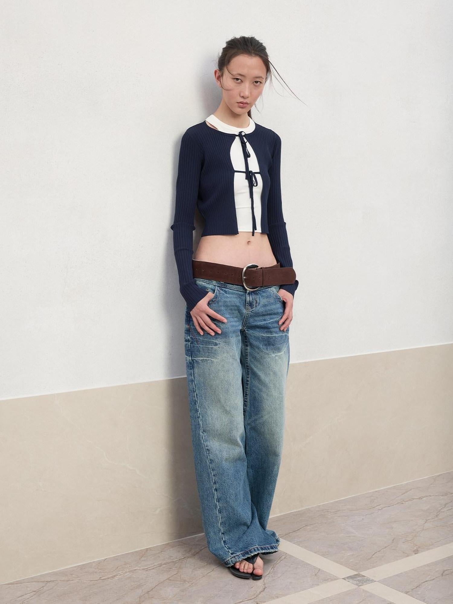 RUN TO THE FUTURE Tie Front Slim Fit Knit Bell Sleeve Cardigan Office Solid T Shirt Crop Tops