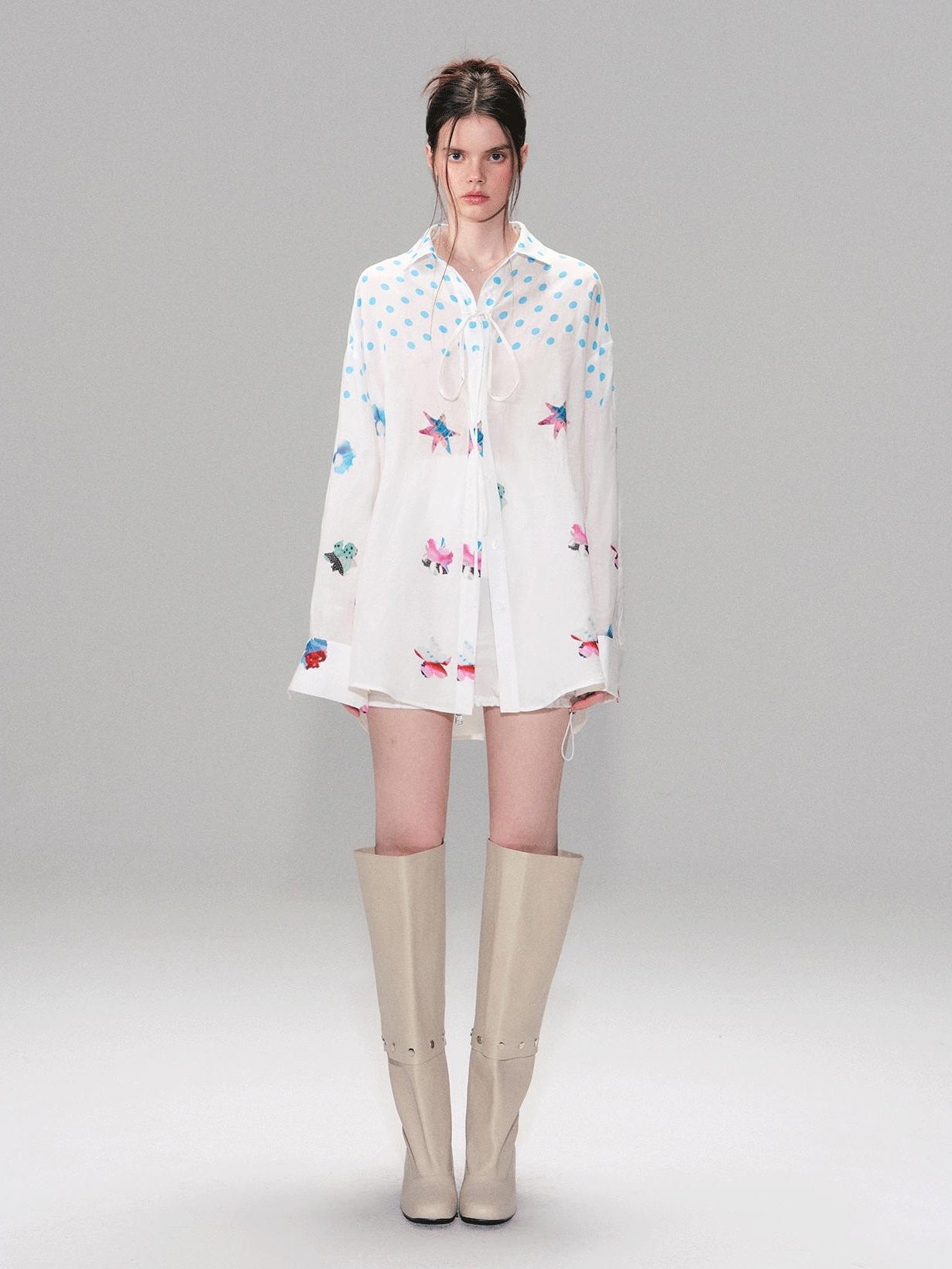 The NeverMore Soft Breathable Linen Blend Relaxed Drop Shoulder Polka Dot Long Sleeve Shirts