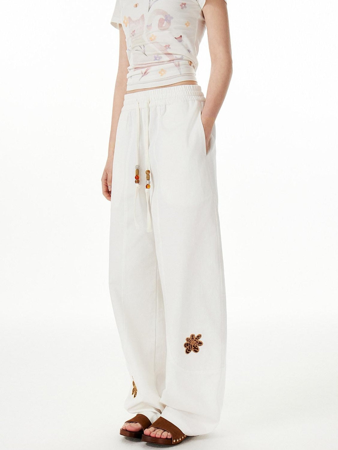 OuttheBlue Cotton Drawstring Pockets Natural Waist Workwear Long White Wide Leg Pants