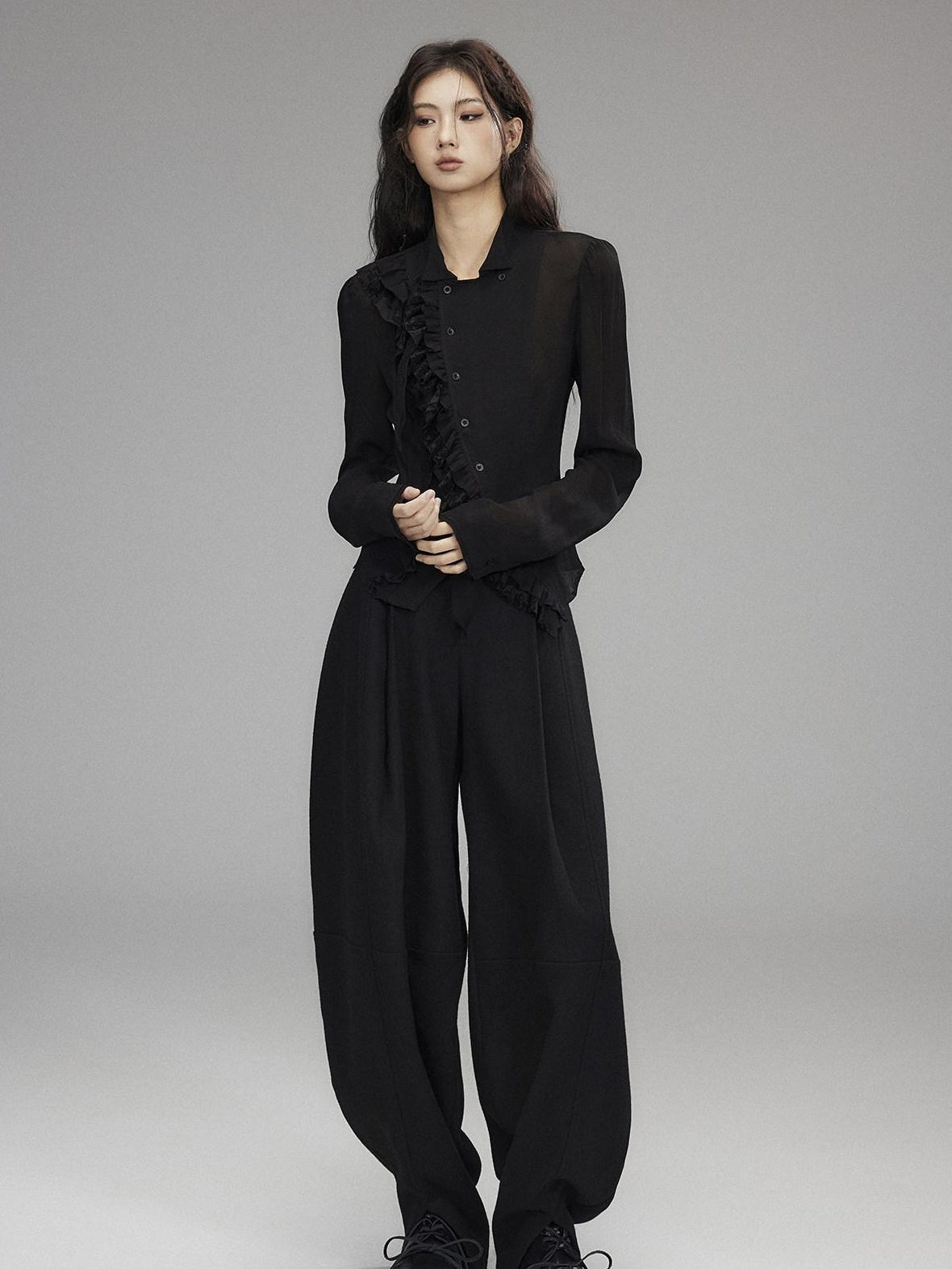 Low pixel Low Rise Wool Blend Micro Stretch Casual Zip Fly Women Black Wide Leg Pants