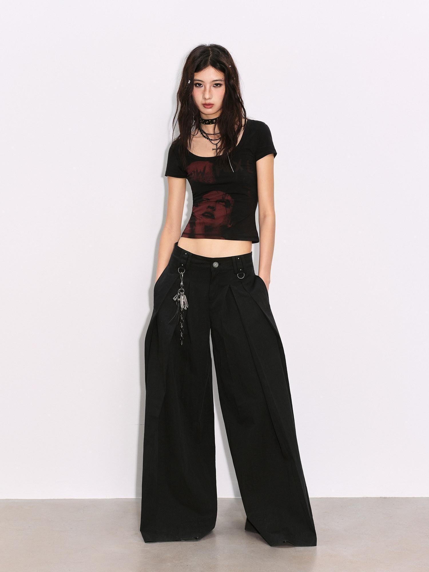 Low pixel Pleated Low Waist Relaxed Cotton Blend Black Women Wide Leg Pants