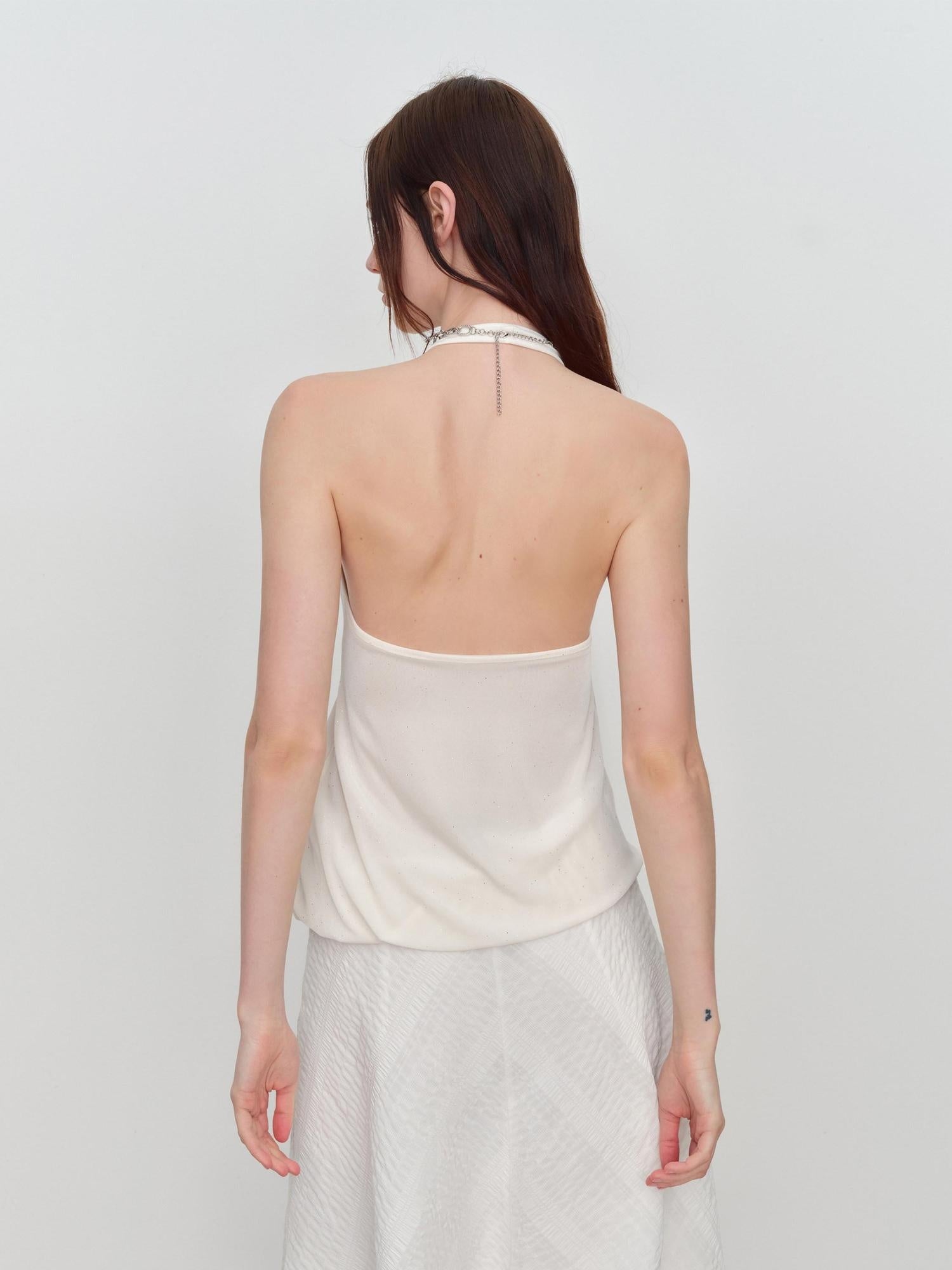RUN TO THE FUTURE Shimmer Sequin Halter Cropped Unlined Solid Stretch Polyester Women Camisoles