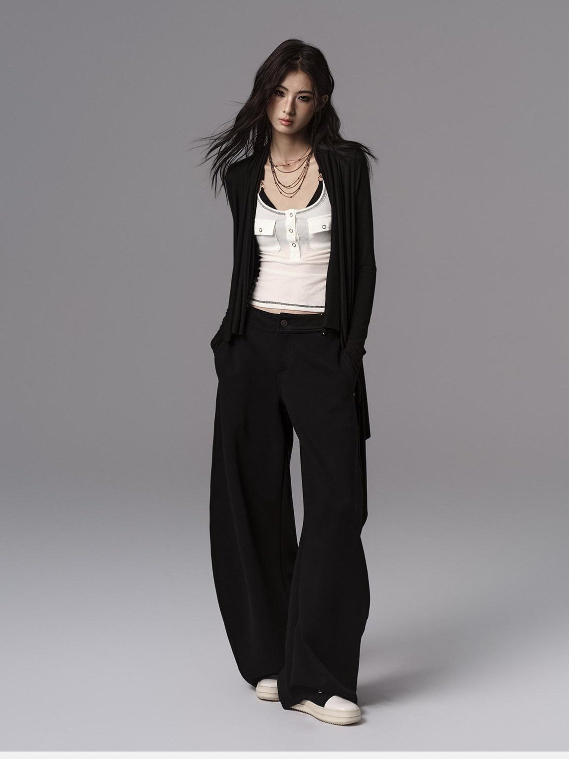 Low pixel Low Waist Dark Minimal Curved Button Fly Black Women Rayon Wide Leg Pants