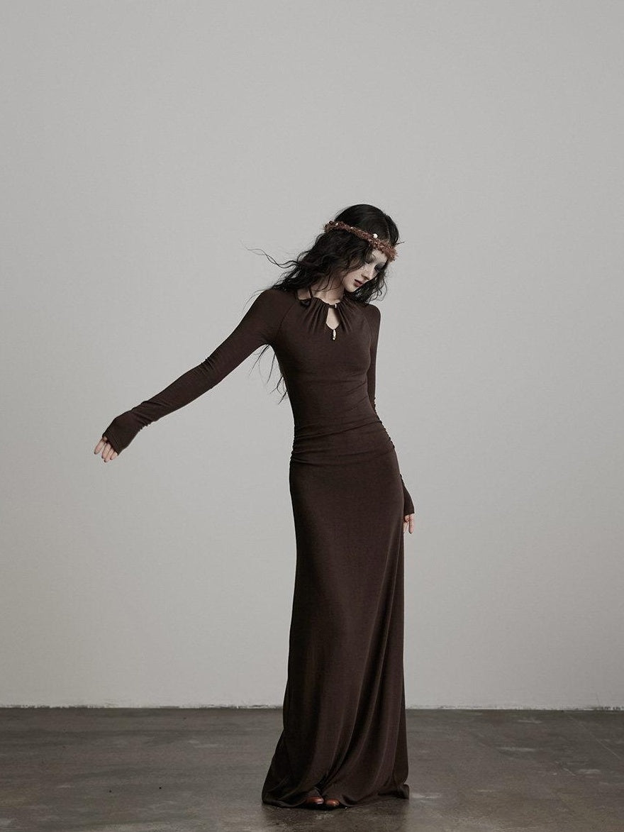 INDULGE Soft Modal Wool Cutout Slim Fit Long Sleeve Casual Brown Bodycon Maxi Dresses