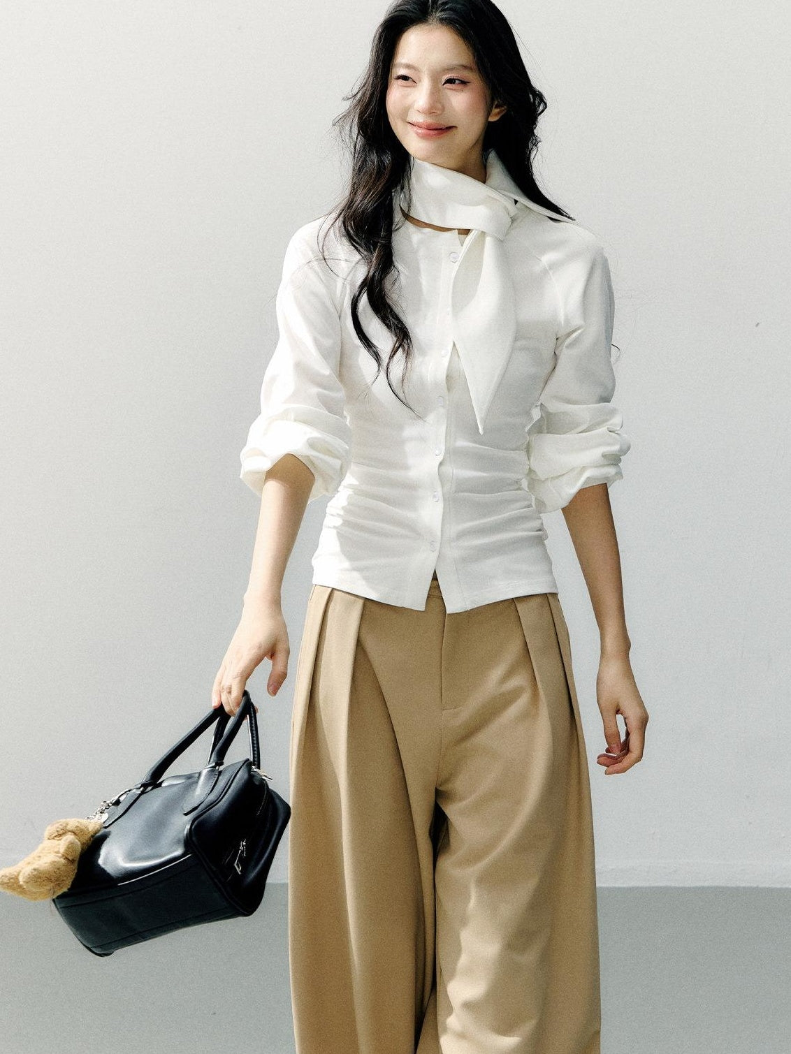 7Shiftin Cotton Bow Tie Fitted Waist Casual Cropped Long Sleeve Women White Blouses