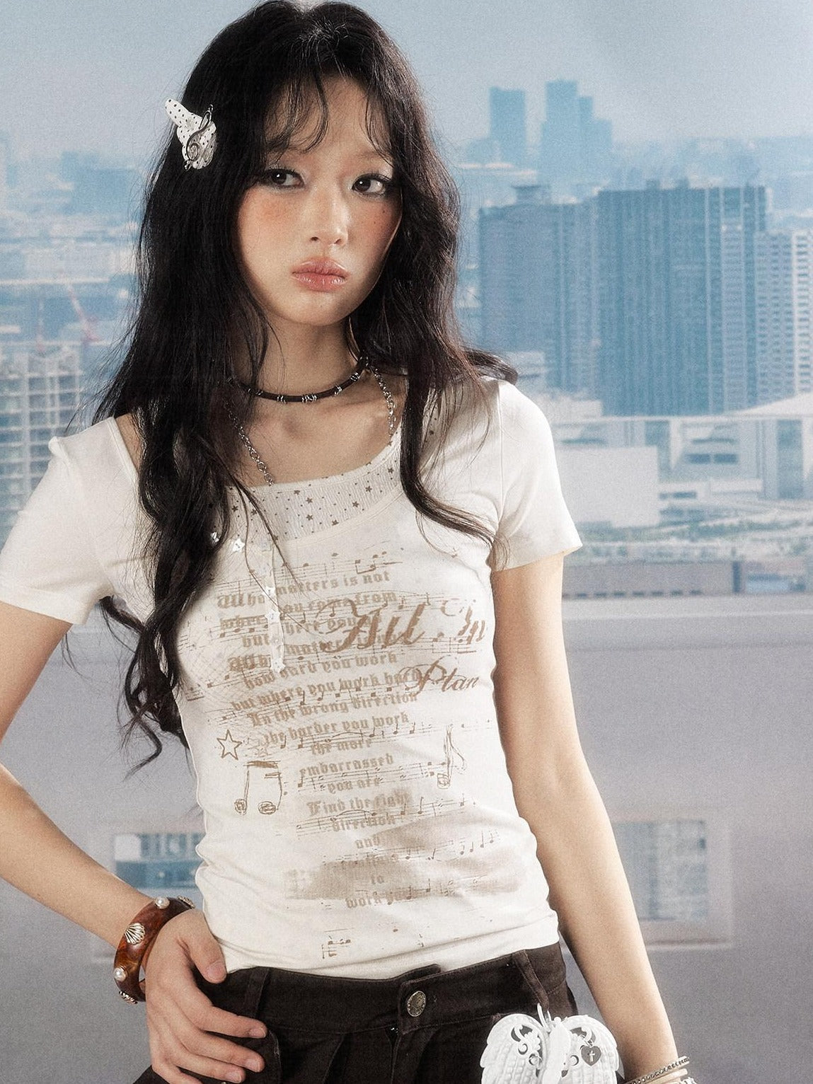 ALL iN plan Soft Lyocell Casual Round Neck A Line Sleeve Women Letter Print Offwhite Tshirt