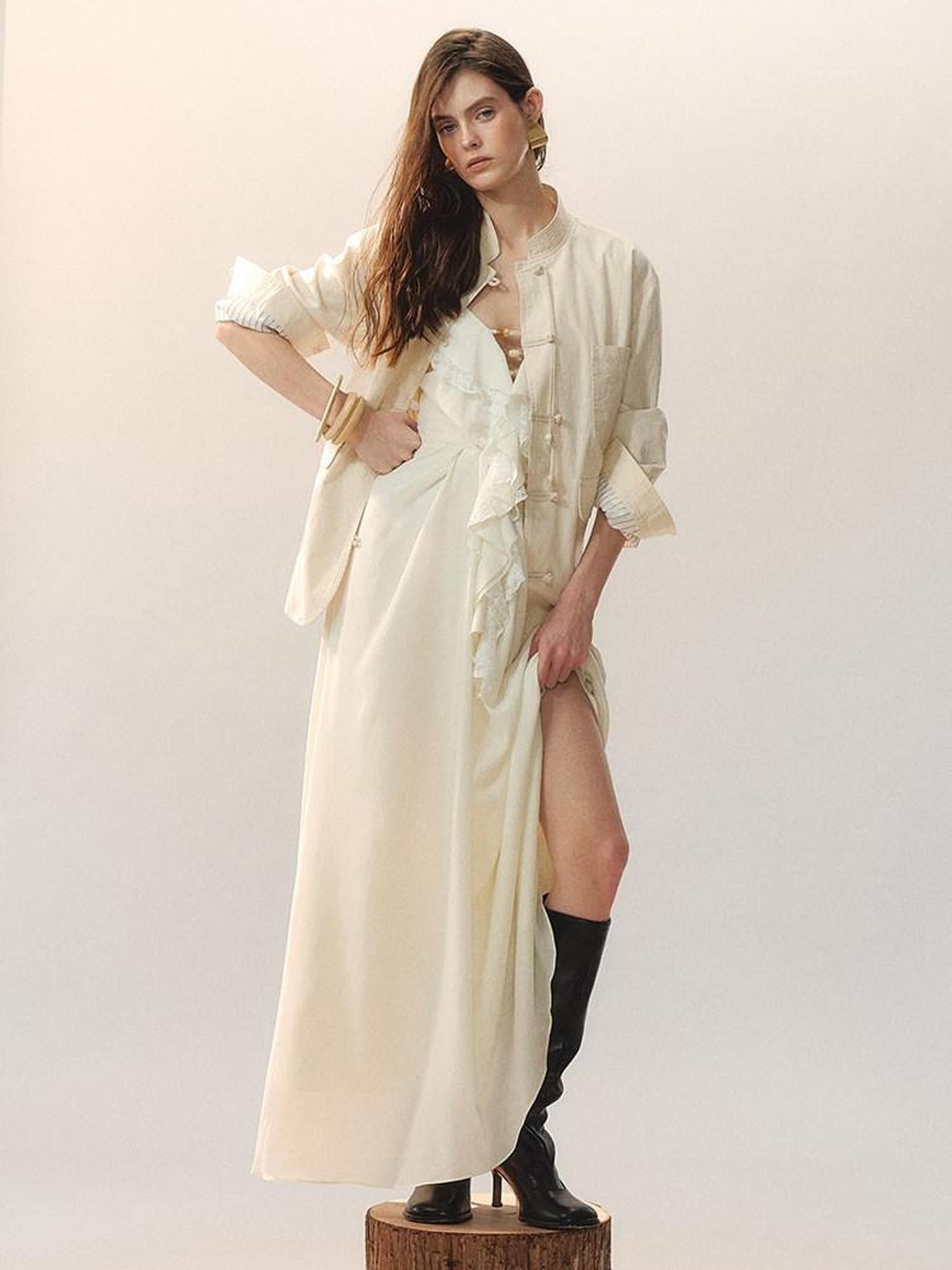 AnnoMundi 100 Percent Cotton Chinese Loose Fit Women Casual Beige Overshirts