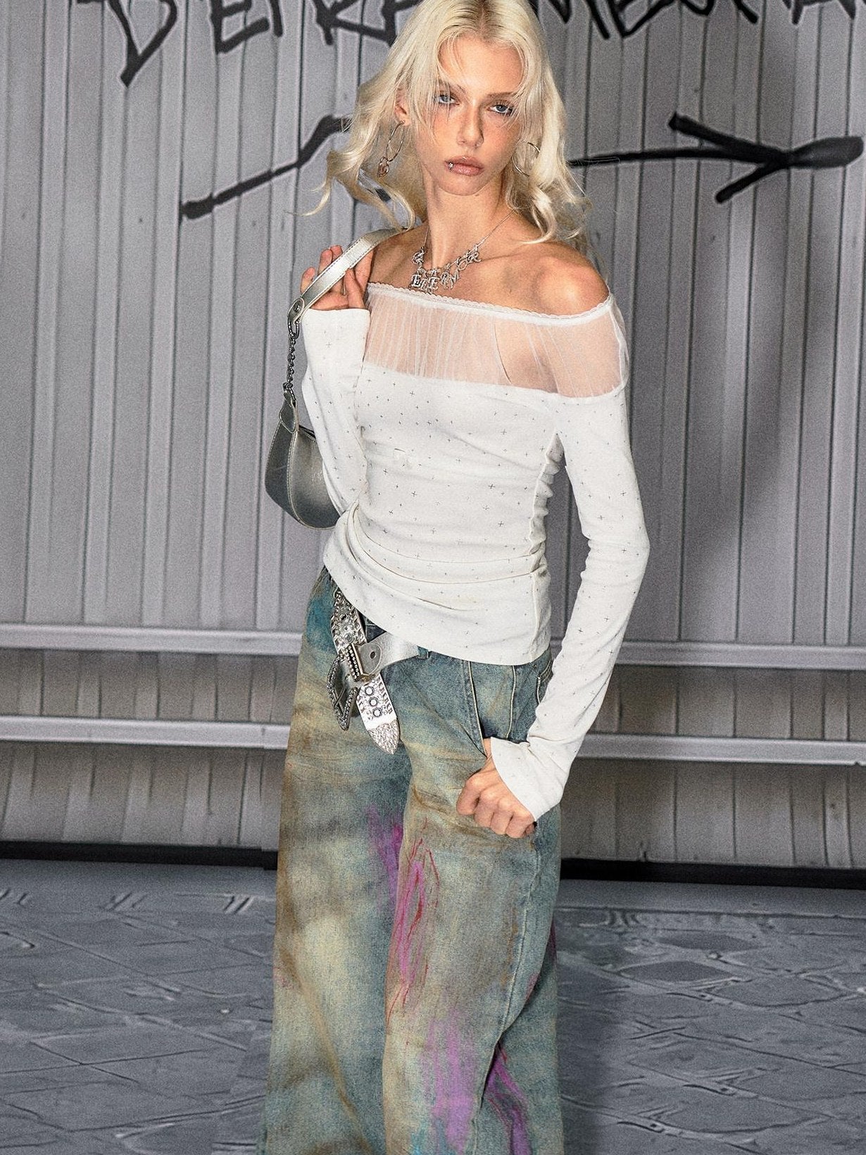 The NeverMore Mesh Splice Casual Slim Fit Bardot Neckline Women White Long Sleeve Crop Tops