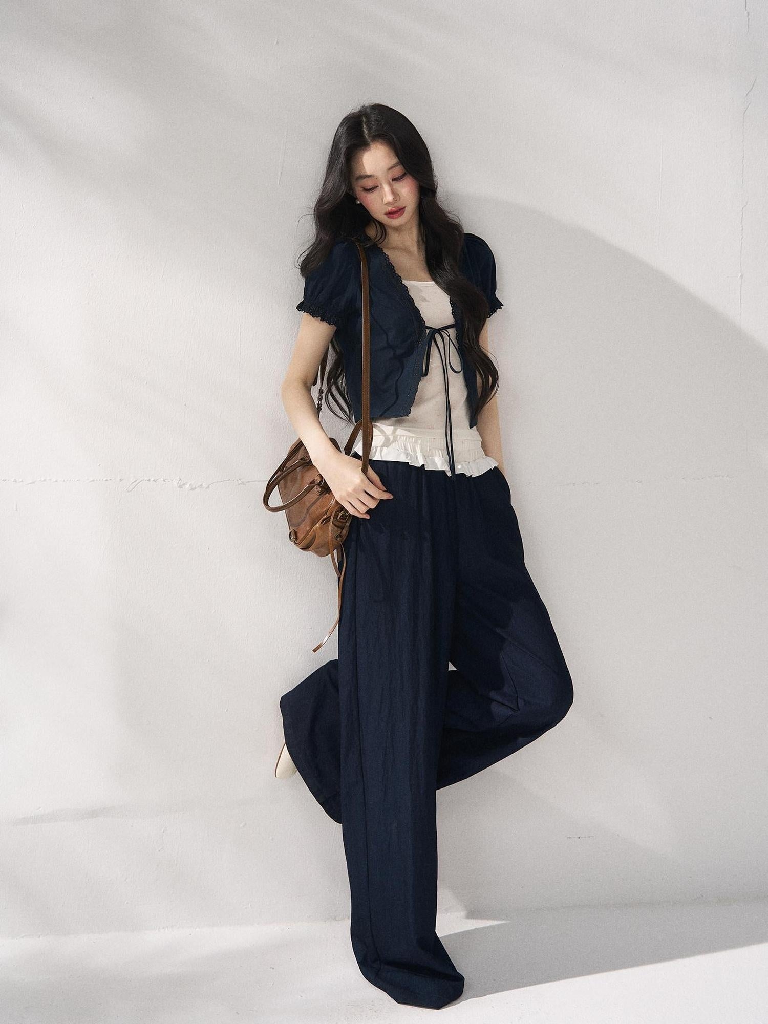 7Shiftin Nylon Cotton Blend Relaxed Natural Waist Women Solid Navy Wide Leg Pants