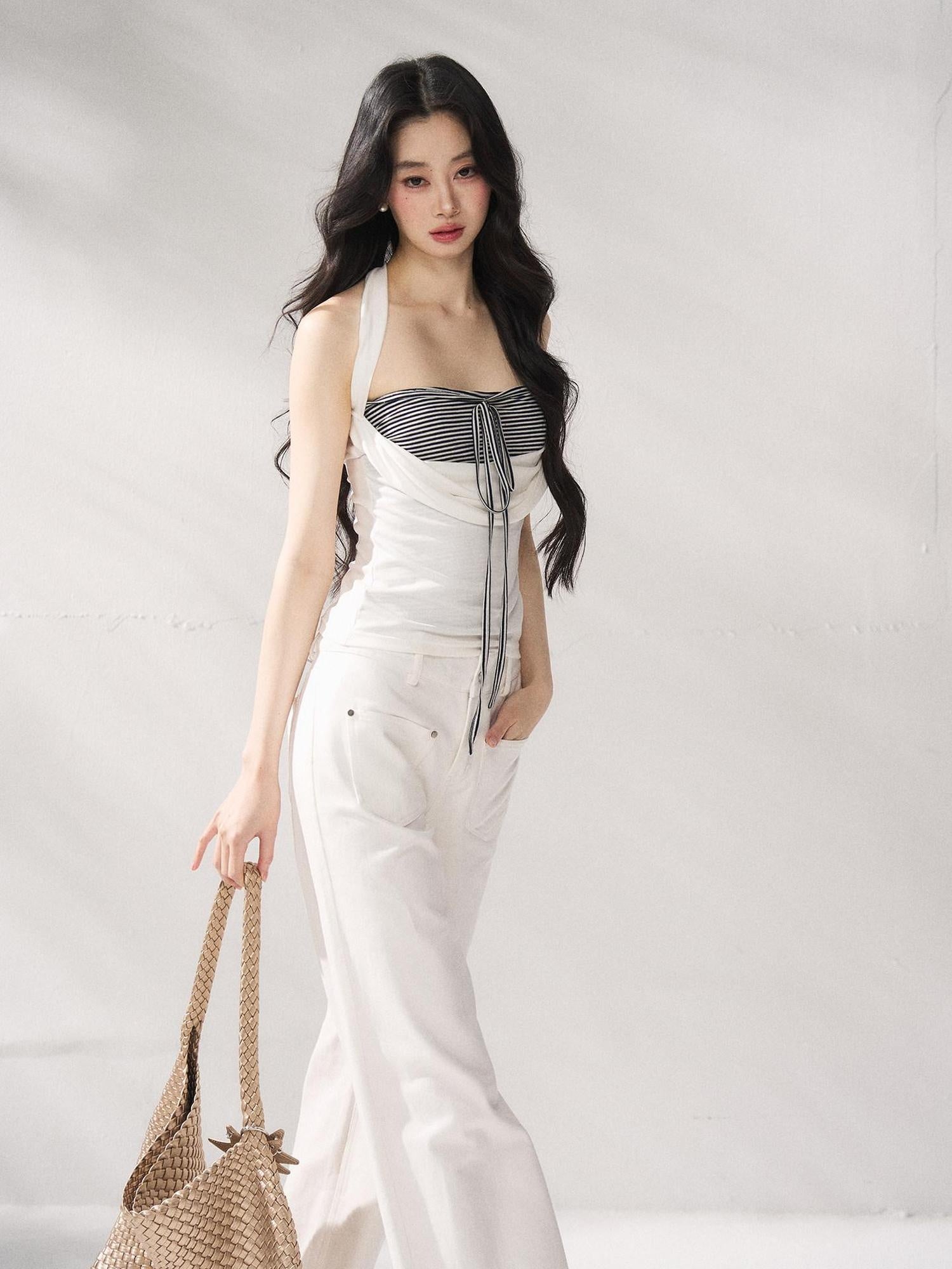 7Shiftin Striped Layered Two Piece Three Quarter Sleeve High Waist Long Sleeve Crop Tops