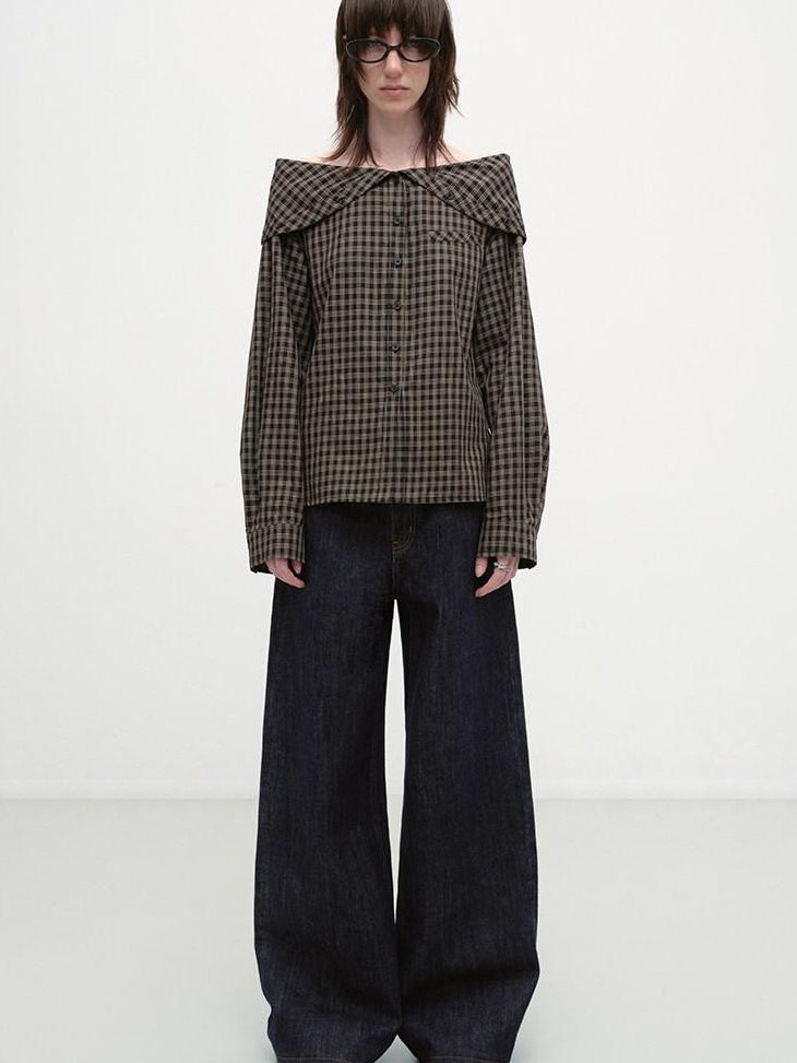 RUN TO THE FUTURE Original Design Breathable Cotton Loose Fit Plaid Bardot Womens Blouses