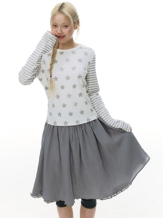 NAPSNAPS Gray Blue Lace Puff Sleeves Cardigan Women&
