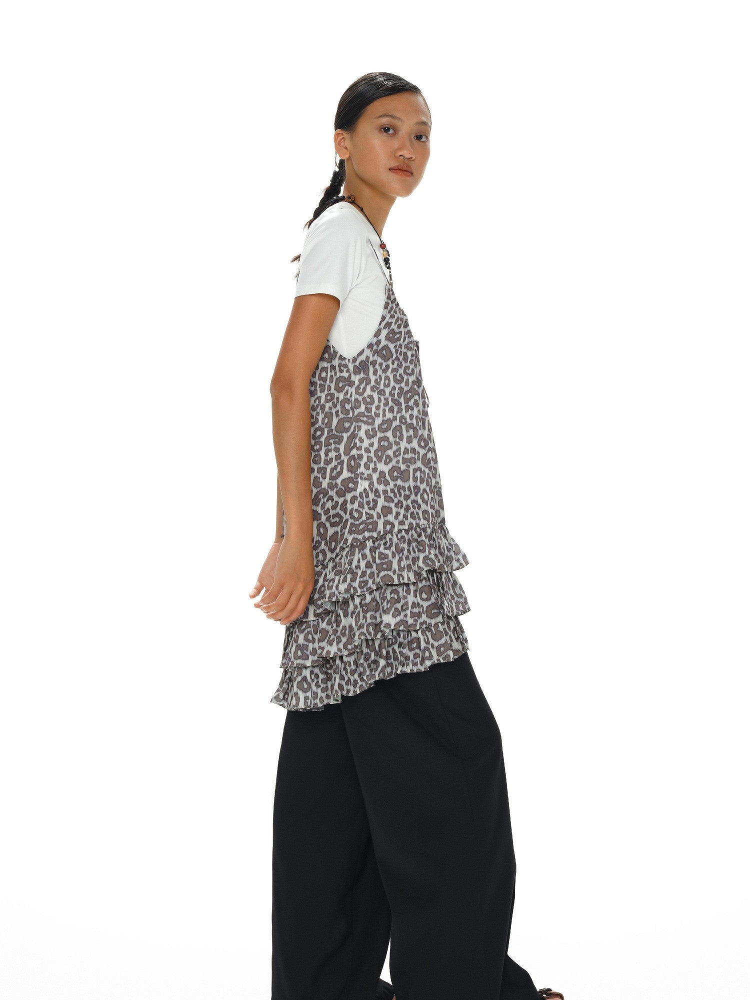oinimi Leopard Print Ruffle Hem Adjustable Straps Women&