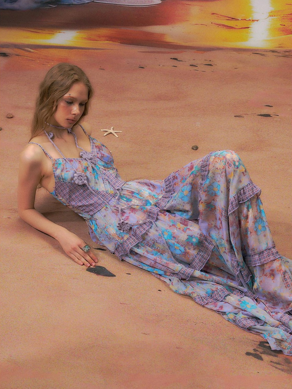The NeverMore High Waist A Line V-neck Strappy Street Women Blue Purple Polyester Maxi Dresses
