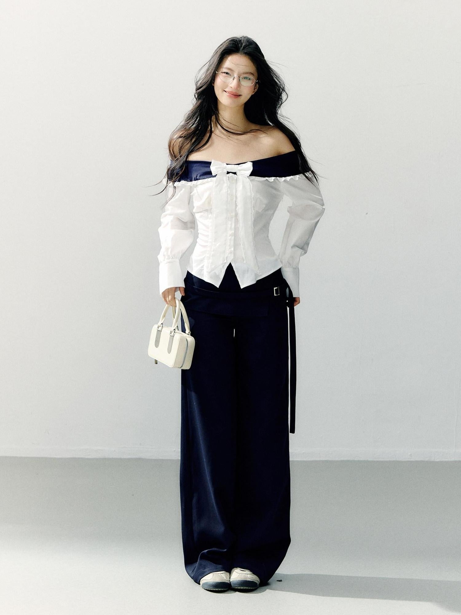 7Shiftin Slimming Off Shoulder Slim Fit Long Sleeve Cotton Bow White Blouses