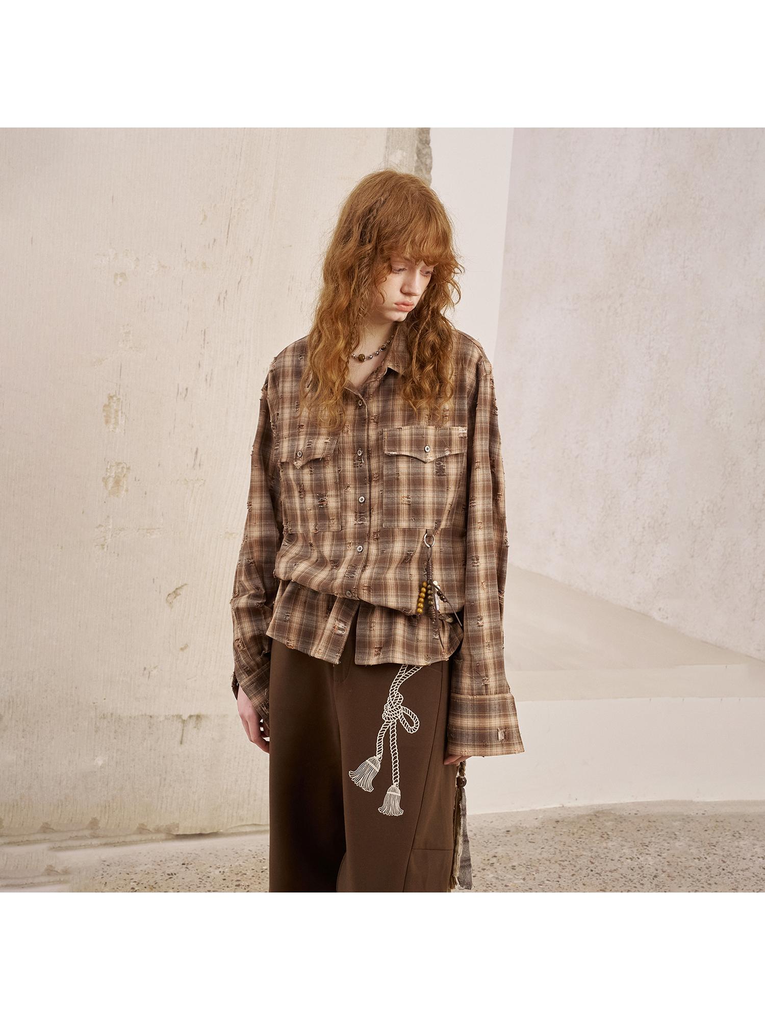 DIDDI MODA Vintage Distressed Check Pocket Shirt