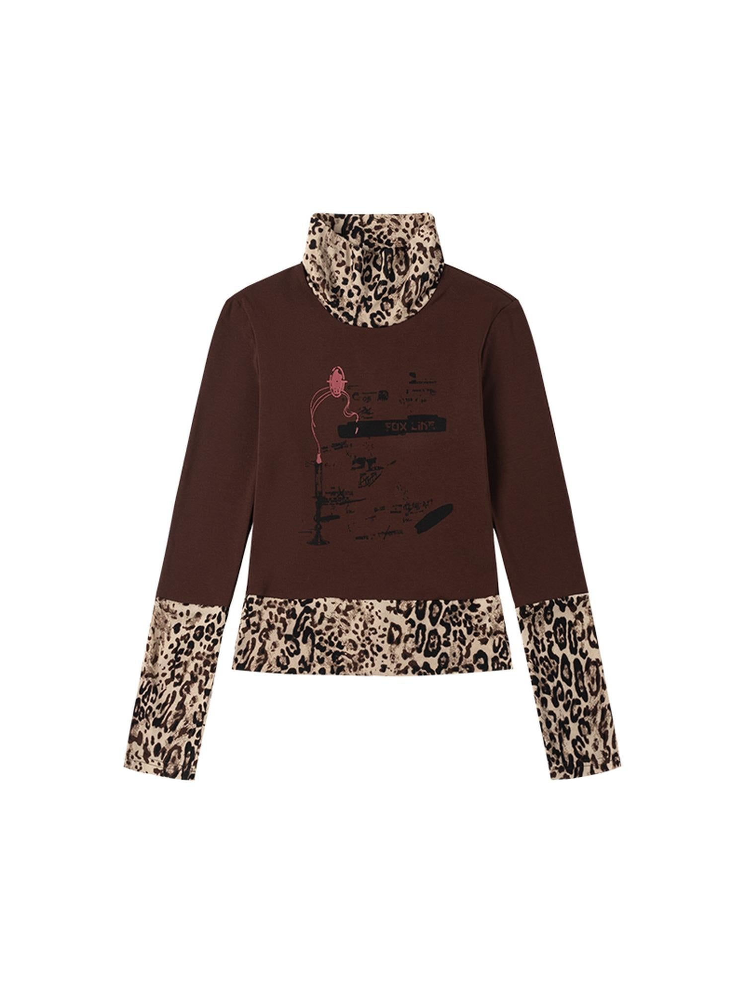 MOMSYCAN FOX LINE Velvet Trimmed Leopard Print High Neck T Shirt