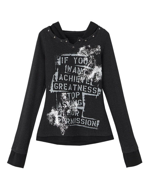 Vintage Punk Street Print Hooded Slim Knit Top