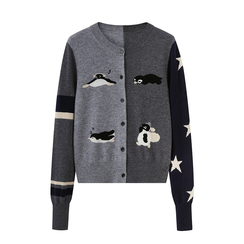 DIDDI MODA Penguin Patch Asymmetrical Knit Cardigan