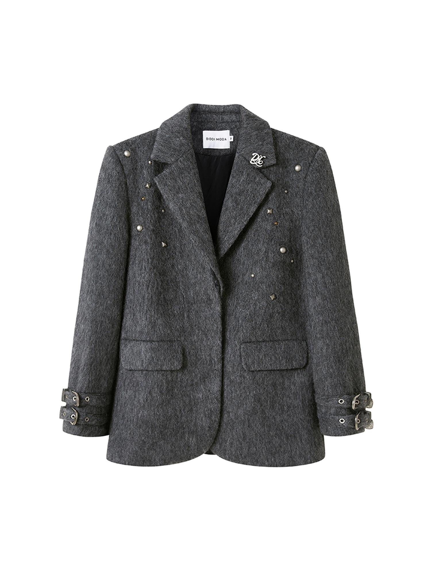 DIDDI MODA Grey Wool Blazer With Studs Shoulder Pads