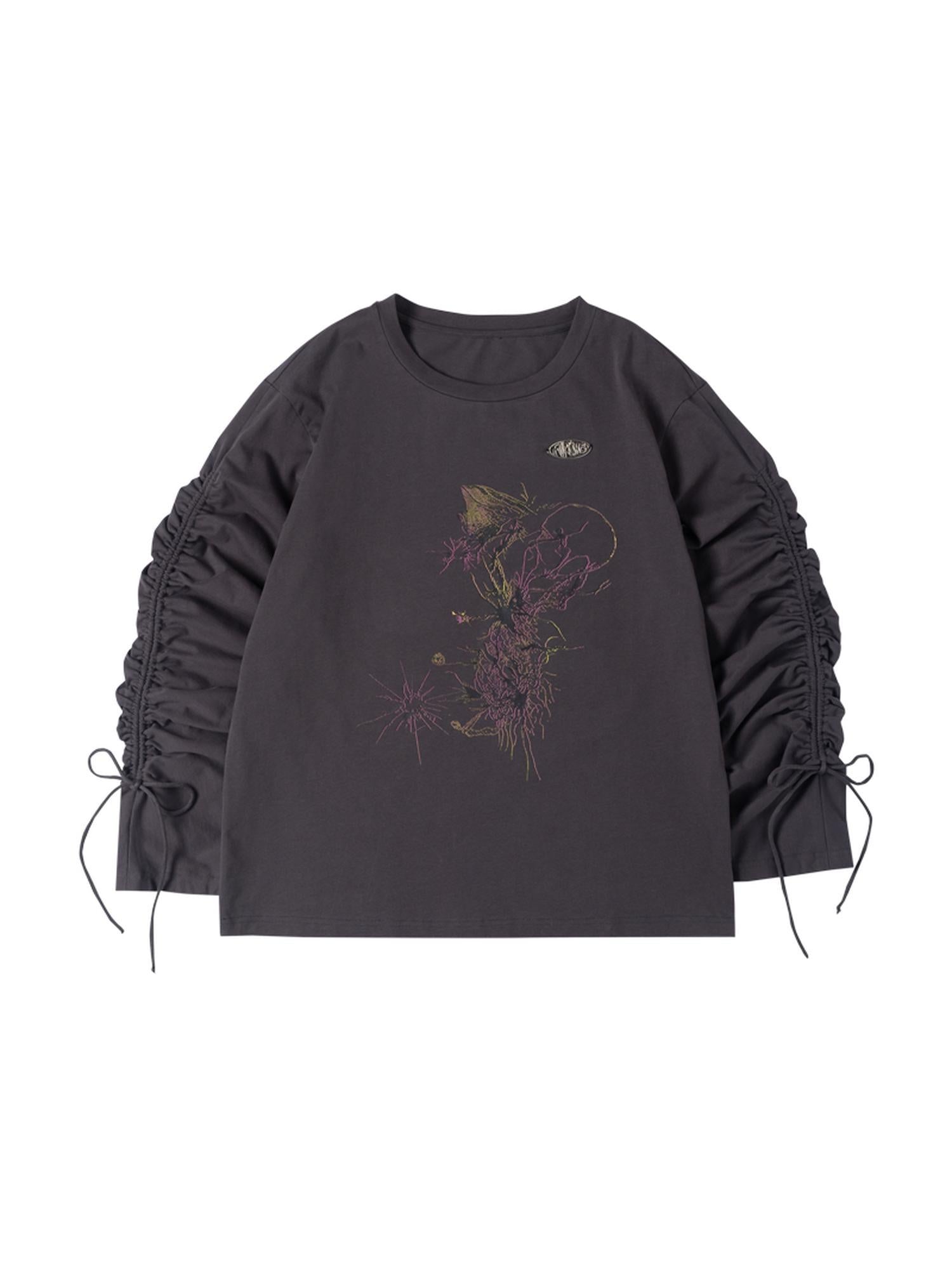 MOMSYCAN FOX LINE Reborn Self Y2K Loose Knit Sweater Dark Gray Artistic Print Drawstring Sleeves