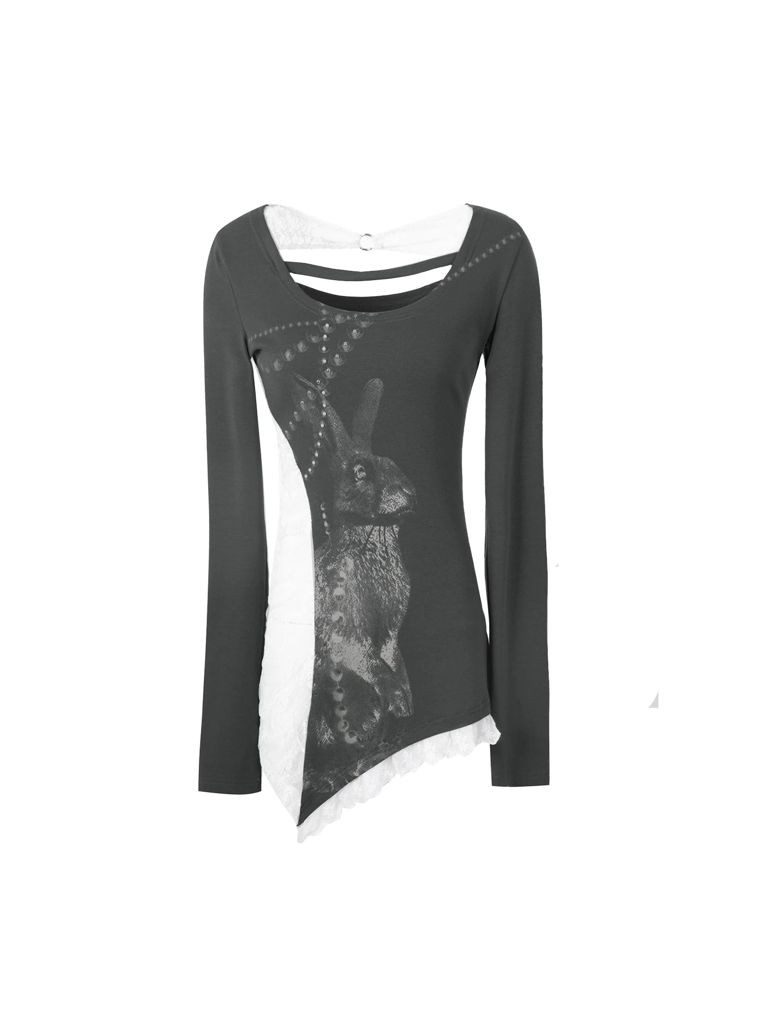 Spring Bunny Print Lace Pearl Embellished Long Sleeve T-Shirt