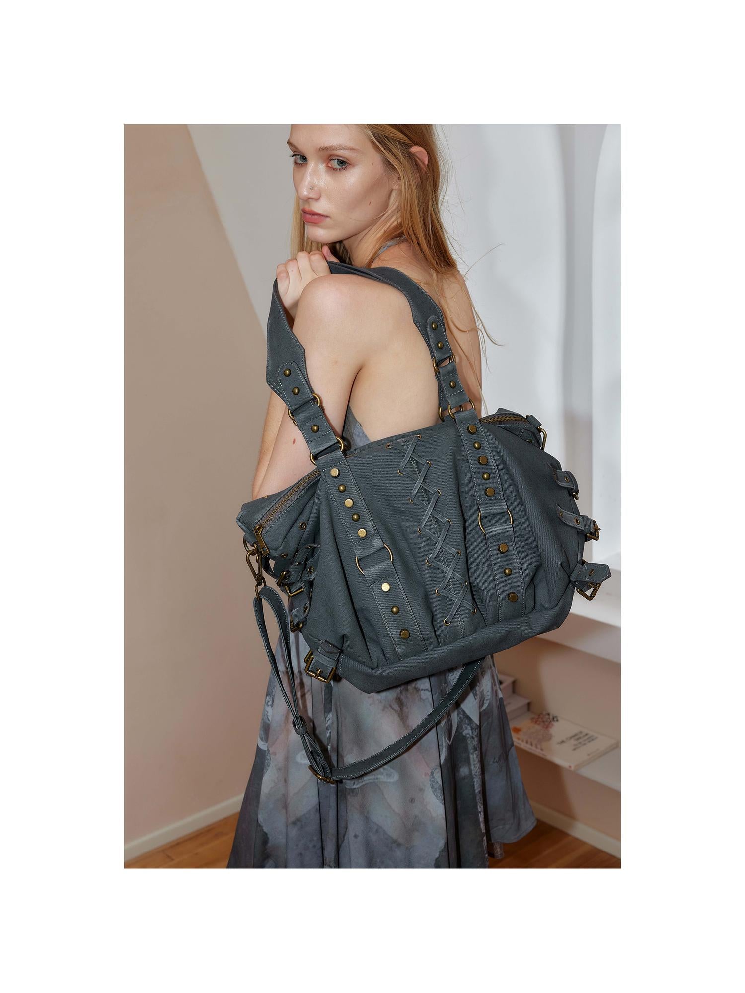 2th Desire Punk Studded Strapped Large Tote Bag Shoulder Crossbody Bag