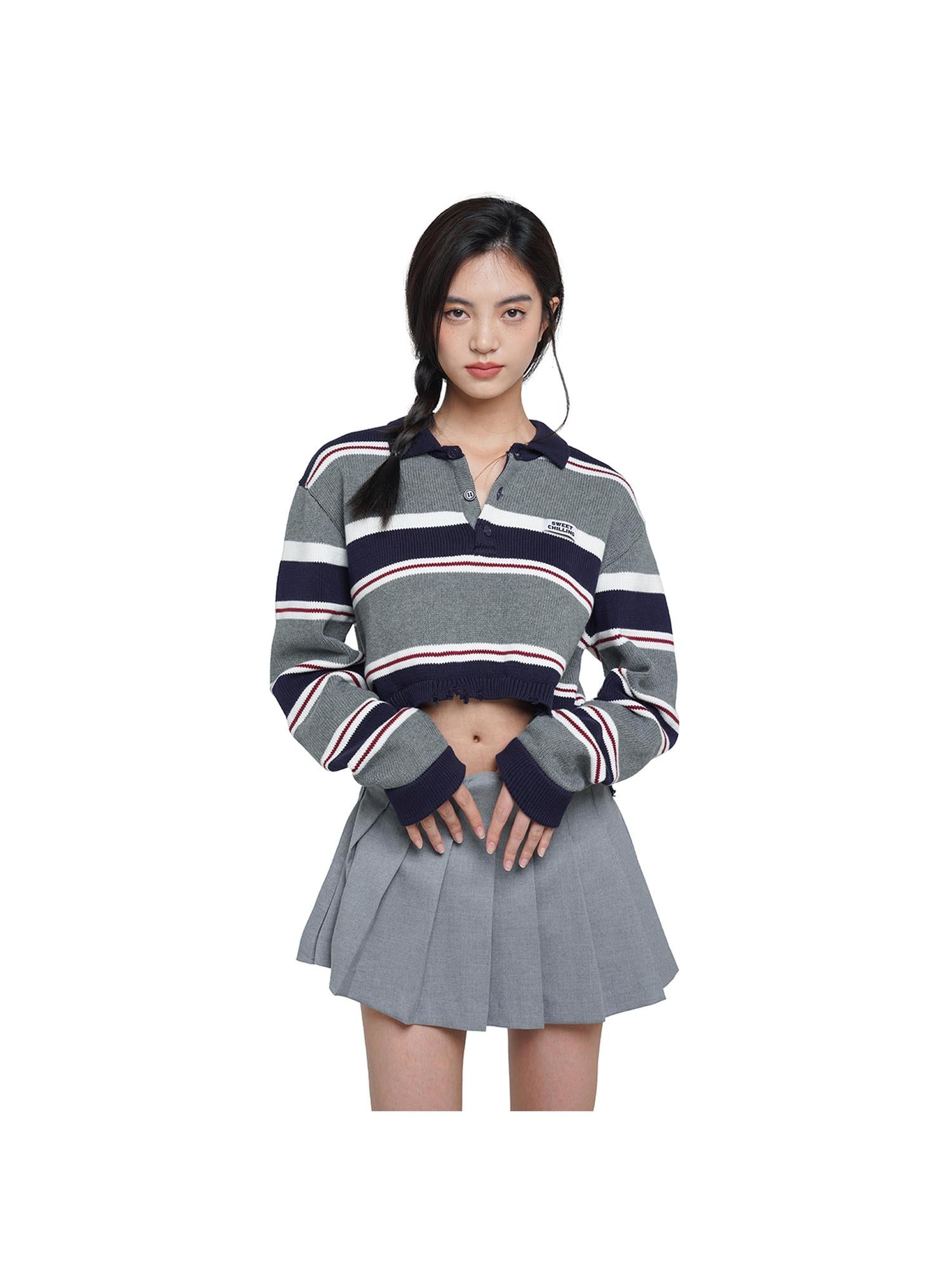 SweetChilling Vintage Cropped Polo Knit Sweater For Women