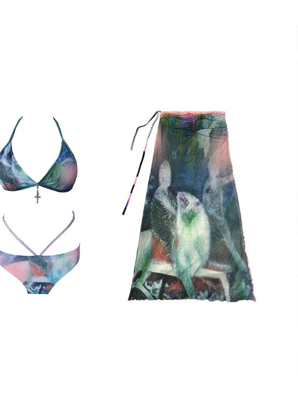 Printed 4-Piece Swim Set with Scarf & Skirt