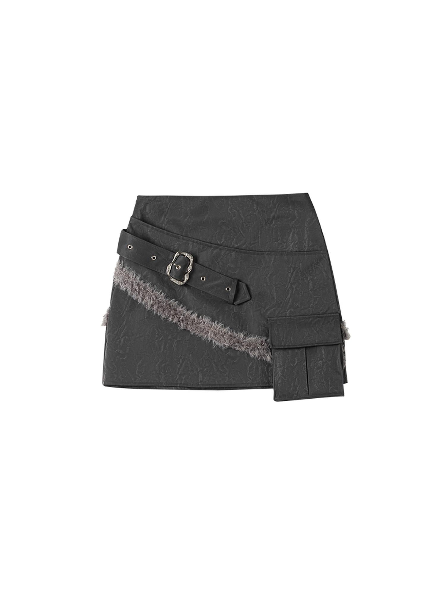 MOMSYCAN FOX LINE Wind Chaser Pu Leather Skirt With Diamond Trim Side Pockets