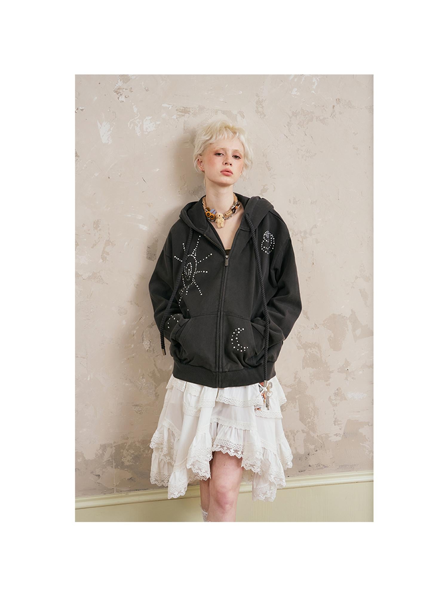 DIDDI MODA Vintage Studded Shell Hoodie With Fleece Lining
