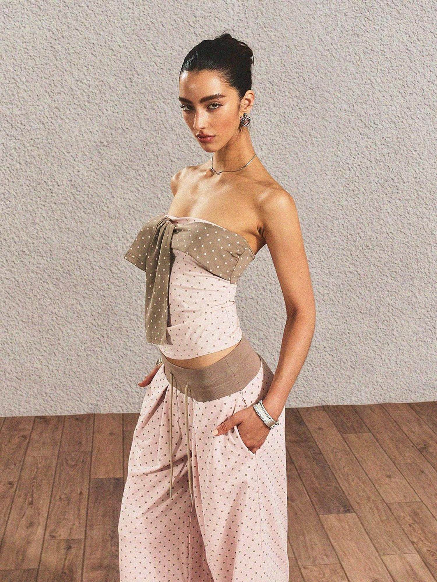 The NeverMore Polka Dot Cotton Two Piece Colorblock Sexy High Waist Pants Tube Tops